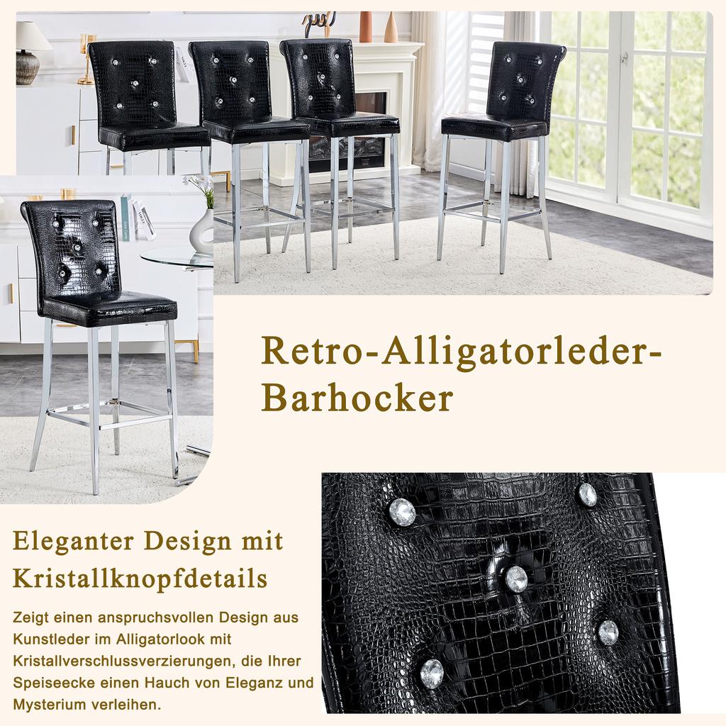 Bar Stools Set of 2, Black Crocodile Leather Look with Crystal Buttons, High-Back Kitchen Stools with Chrome Metal Legs, Kitchen Island Bar Counter