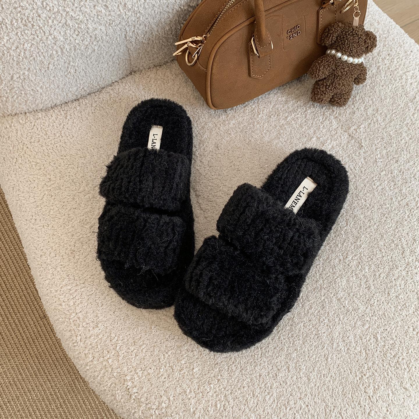 

Internet celebrities popular thick-soled fluffy slippers women s wear 2025 new autumn and winter wear with skirt soft-soled cotton slippers 35 чёрный
