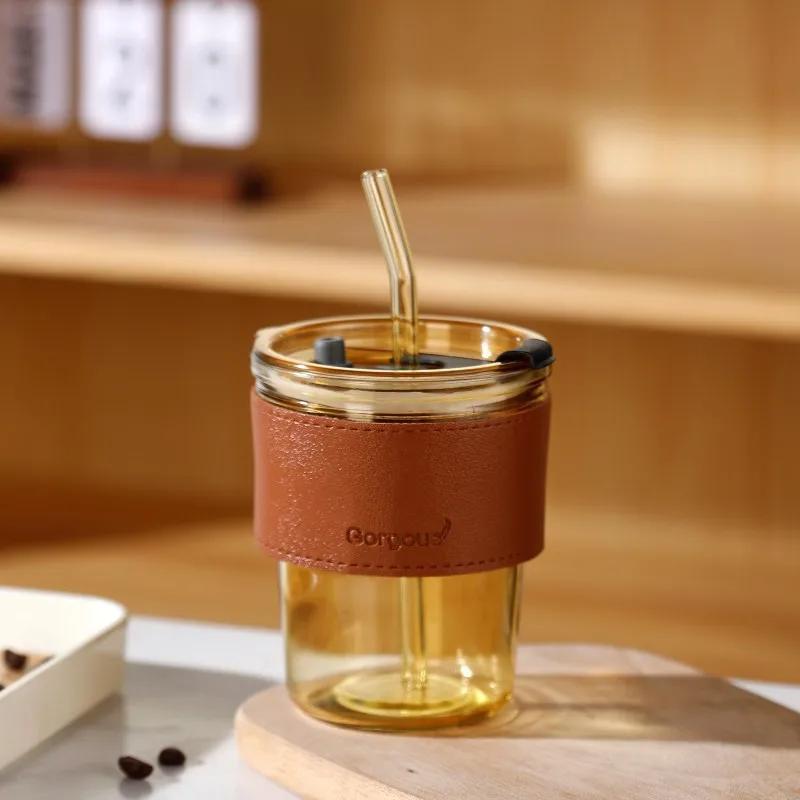 

400 мл с крышкой Бутылка для воды Двойное питьевое горлышко с соломинкой Новый креативный прозрачный стакан для кофе с соломинкой Кружка для кофе Пиво коричневый