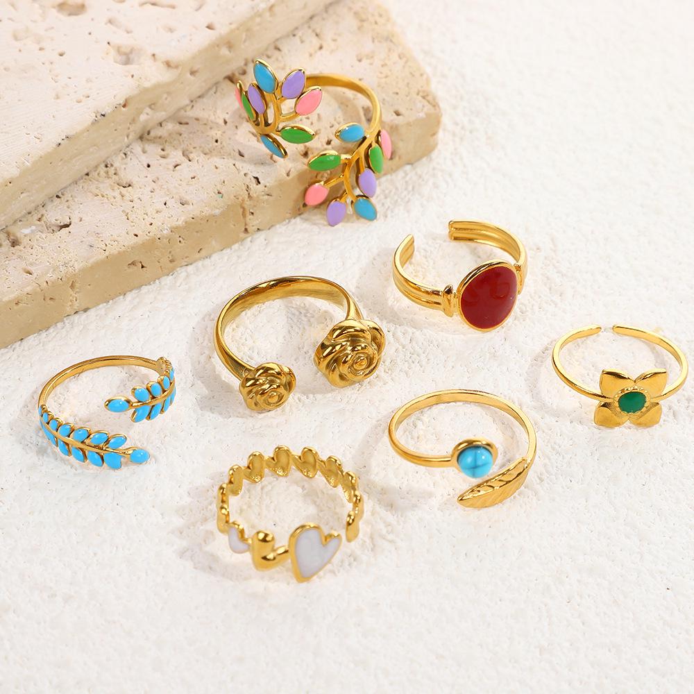 European Ethnic Colorful Stone Open Stainless Steel Drip Oil Turquoise Adjustable Ring