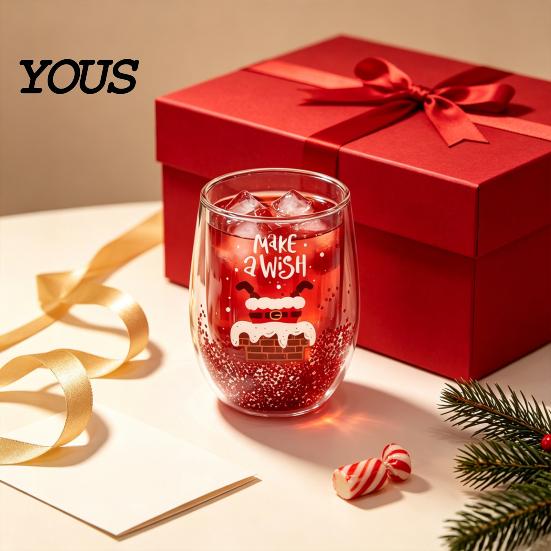 Vaso de Vidrio Transparente Rojo Verde con Lentejuelas de Doble Capa, con Decoración de Patrones de Papá Noel/Árbol Pequeño/Pila/Bolsa, Regalo de Navidad para Amigos Arena Movediza