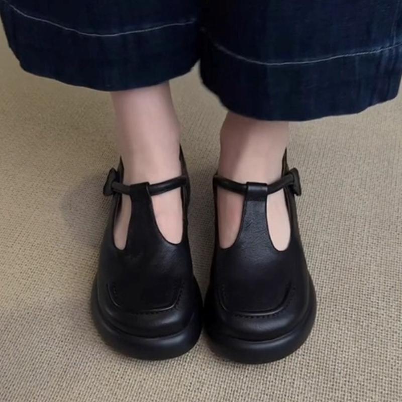 2025 New French Single Shoe Women's Round Toe High Heels Thick Leather Thick Soles Retro Mary Jane Women's Shoes