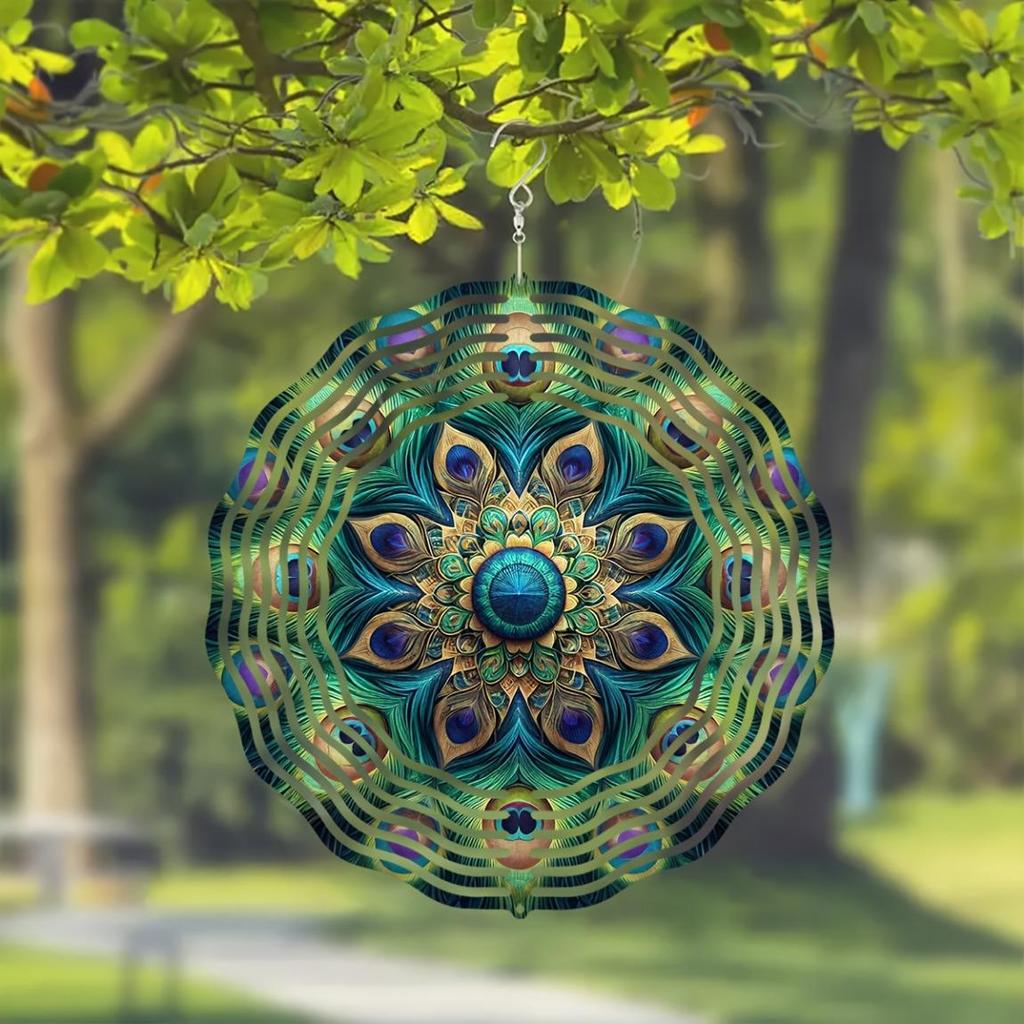 10palcový 3D laserem vyřezávaný kovový větrník Geometrický design pávího pera 360° otočný háček Venkovní Vnitřní zahradní dekorace Dárek na kolaudaci pro ženy muže