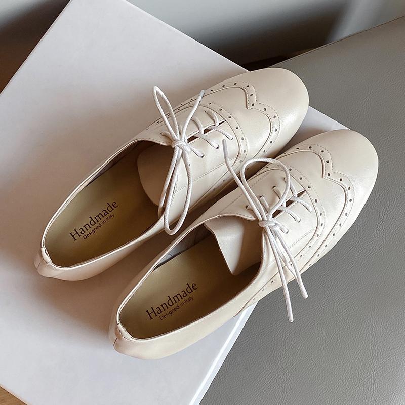 Fashion 2024 New Women Shoes Genuine Leather Block Flats Loafers Round Toe Lace-up Footwear Ladies Shoes for Women Retro Oxford Shoes