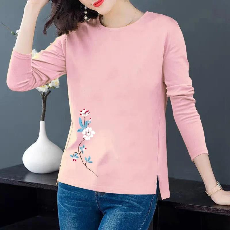 Damskie wiosenno-jesienne koszule z długim rękawem jednokolorowe Casual rozcięcie na dole koszula damska bawełniany sweter bluzki z nadrukiem kwiatowym