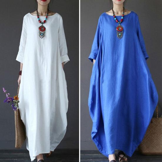 Kadın Elbise Uzun Kollu Bisiklet Yaka Düz Renk Retro Nefes Alabilen Bol Bilek Boyu Büyük Beden Saf Renk Maksi Elbise Günlük Kıyafetler