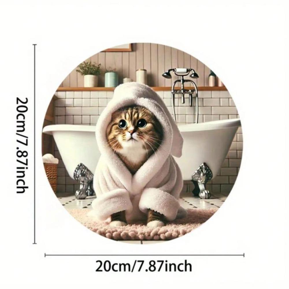 Vintage Metal Wall Art Round Cozy Cat Bathrobe Waterproof Scratch Resistant Aluminum Sign for Home Decor