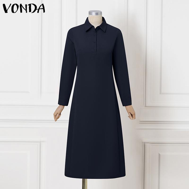 

VONDA Элегантное женское платье-рубашка с длинным рукавом на пуговицах, с отложным воротником, длинное, прямого кроя M хаки
