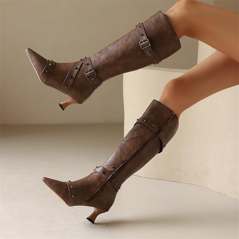 FOREADA Women Knee High Boots Pointed Toe Kitten High Heels Rivets Buckle Zipper Long Boots Ladies Fashion Shoes Winter 46