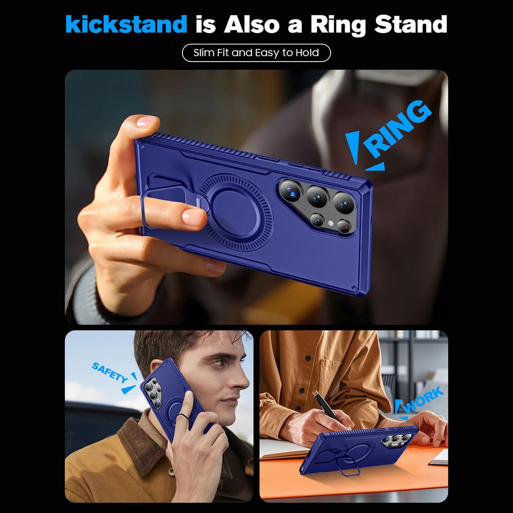 For Samsung Galaxy S25 Ultra With 360° Spin Stand,Military Grade Protection,Fit for Magsafe,Shockproof Case With Kickstand-Blue