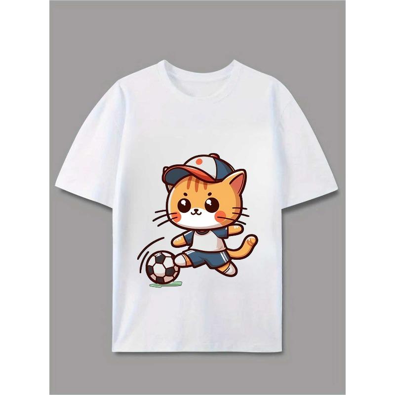 European Size Cartoon Soccer Cat Print Men'S U-Neck T-Shirt Fun Sports Style for Spring Summer Autumn All Seasons Suitable for Young People