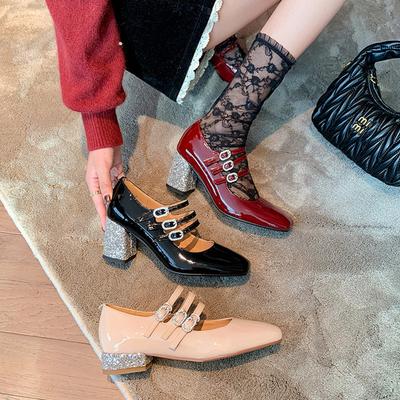 Mode Nieuwe dames schoenen van echt leer, koeienhuid, lakleer, vierkante neus, lage hak, hoge hak, strass gesp, Mary Jane schoenen