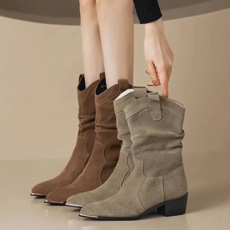Fashion Western Style Women's Boots Metal Head Retro Chunky Heel Mid-Calf Short Boot Sharp Pointed Toe Folded Design New Hot Sale Of The