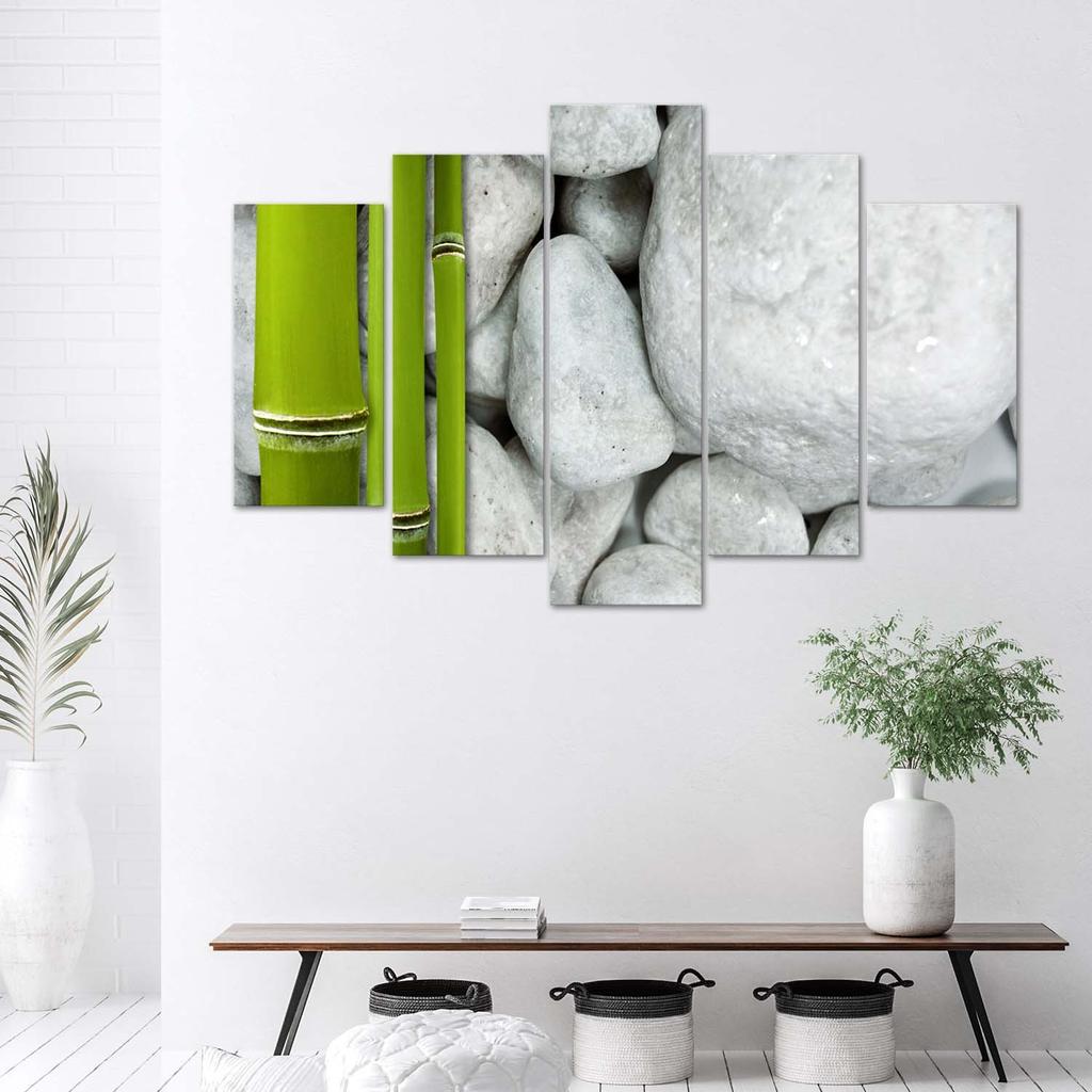 Feeby Five Piece Picture Canvas Print, Zen Composition with Stones and Bamboo