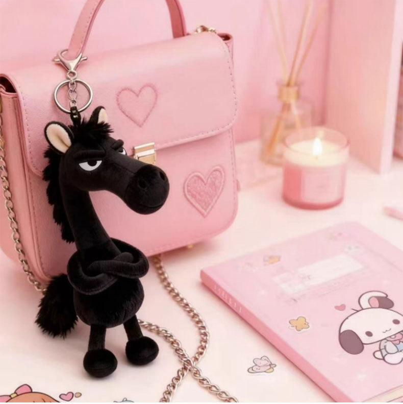 Black Horse Keychain Plush Toy Backpack Pendant Decoration Year The New Gifts of S for Cuddly Stuffed Fluffy Huggable Kawaii Comfort Adorable Soft