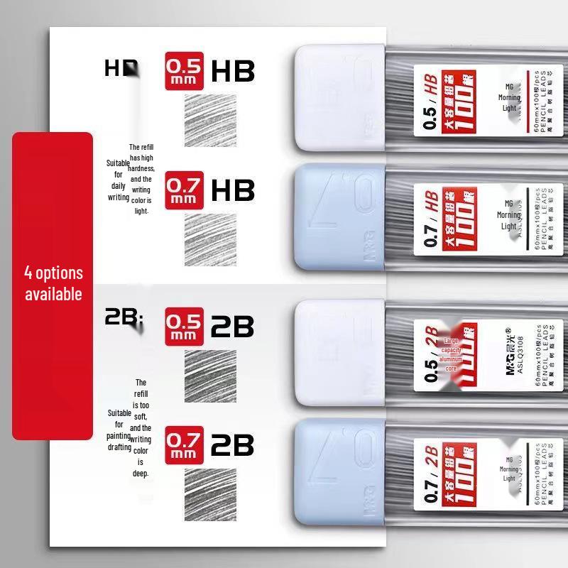 M&G Mechanical Pencil Refills, HB/2B, 100 Pieces, 0.5/0.7-mm Resin Lead