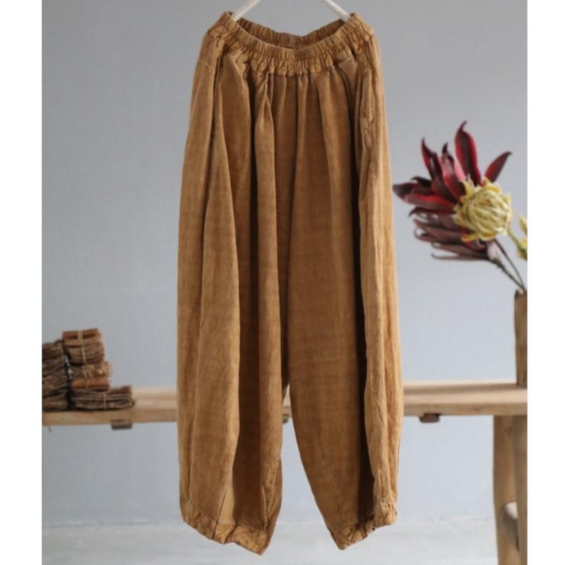 Johnature Women Vintage Linen Wide Leg Pants Elastic Waist Loose Autumn Trouser Chinese Style Women Soft Long Pants
