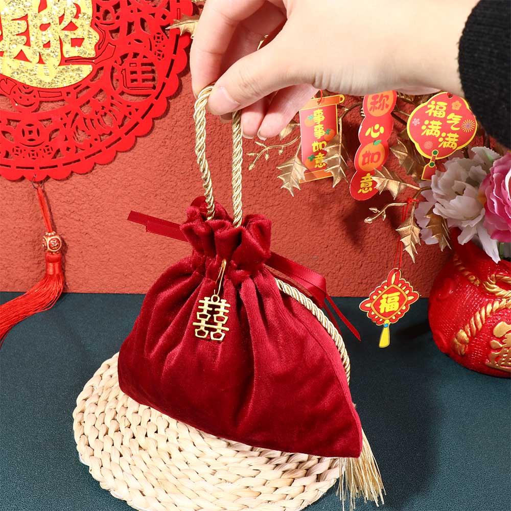Velvet Flannel Gift Bag Wine Red Chinese Traditional Wedding Gift Bag Drawstring Candy Bag Guests