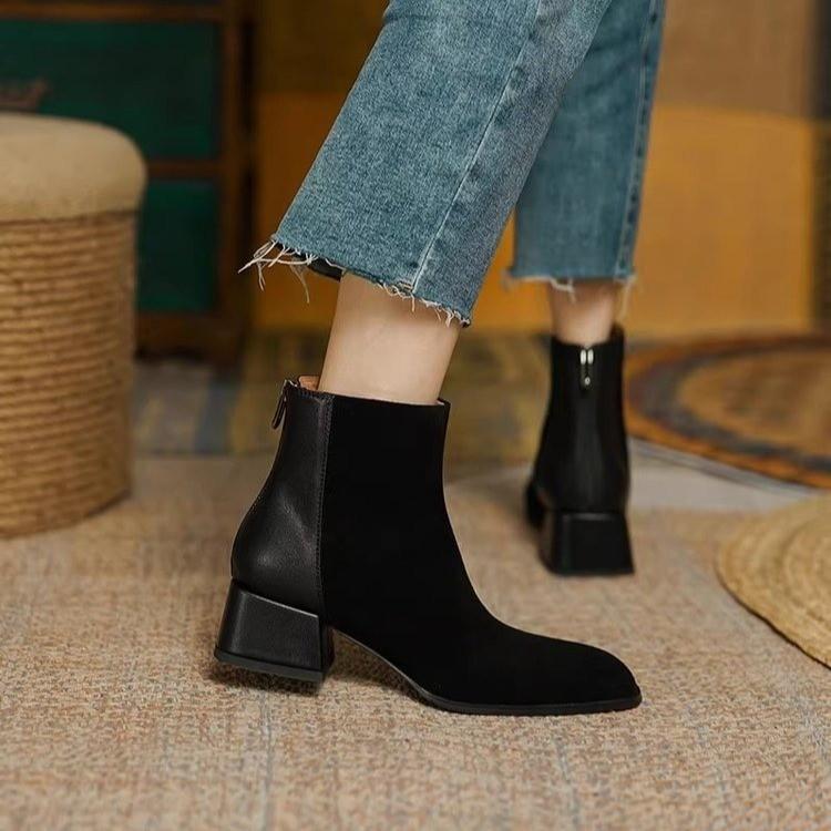 

Chelsea boots women s 2025 new thick heel small short boots zipper matte splicing single boots retro round boots women 35 чёрный
