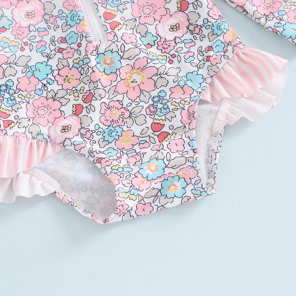 Baby Girl Rash Guard Swimsuit Long Sleeve Floral Print Bathing Suit Infant Swimwear with Bowknot Sun Hat