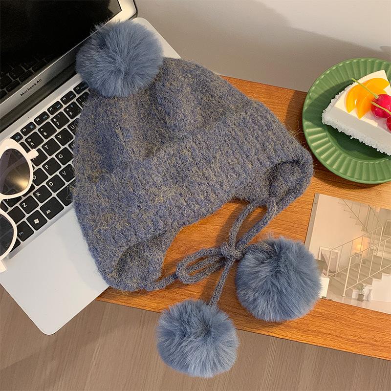 White Knitted Wool Hat, Children's Season Hairball, Warm Face, Small Ear Protectors, Headgear, Winter Big Head Circumference