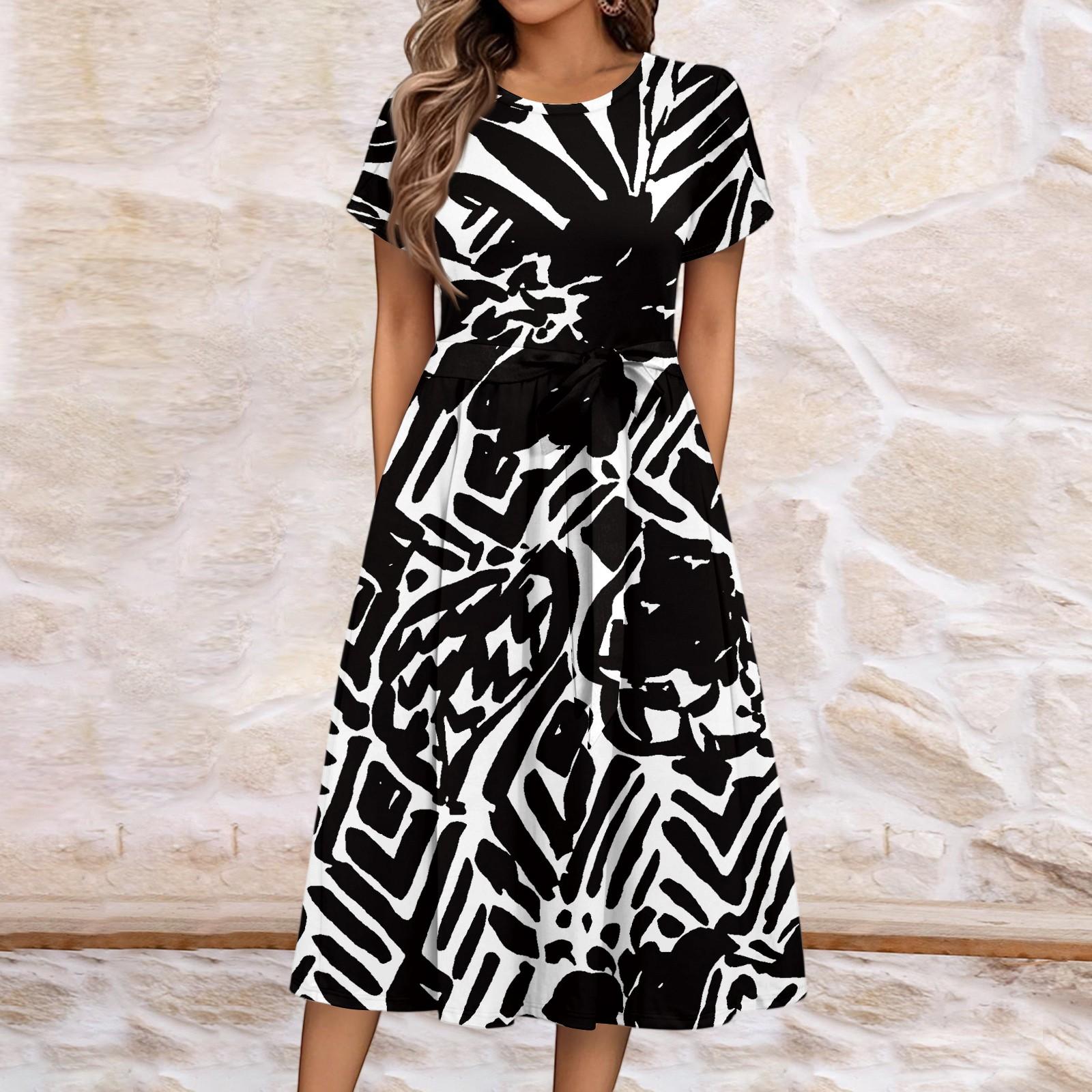 Women s Summer  Casual Floral Print  Round Neck Midi Dress Basic Classic Outdoor Everyday Short Sleeve Loose Dress XXL