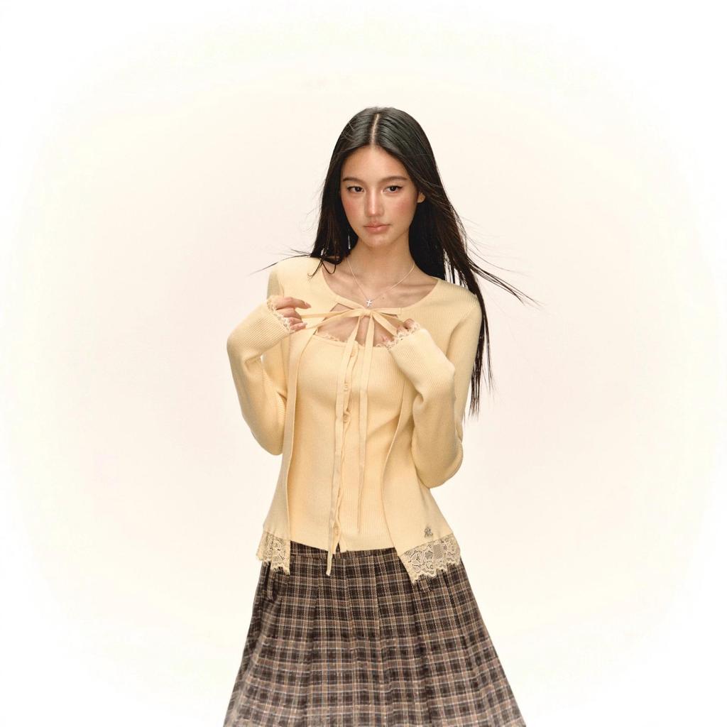 2025 Autumn/Winter European & American Hot Girl Patchwork Lace V-neck Knit Short Cardigan