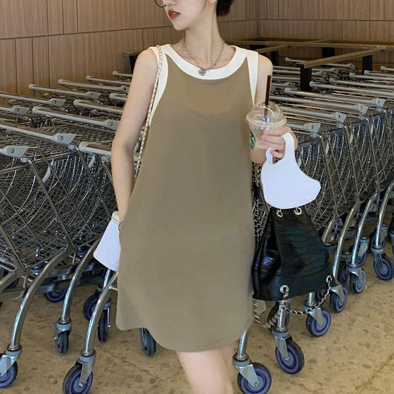 American Retro Patchwork Mini Dress Summer Contrasting Colors Stylish Sleeveless Women's Clothing O-Neck Casual A-Line Dresses