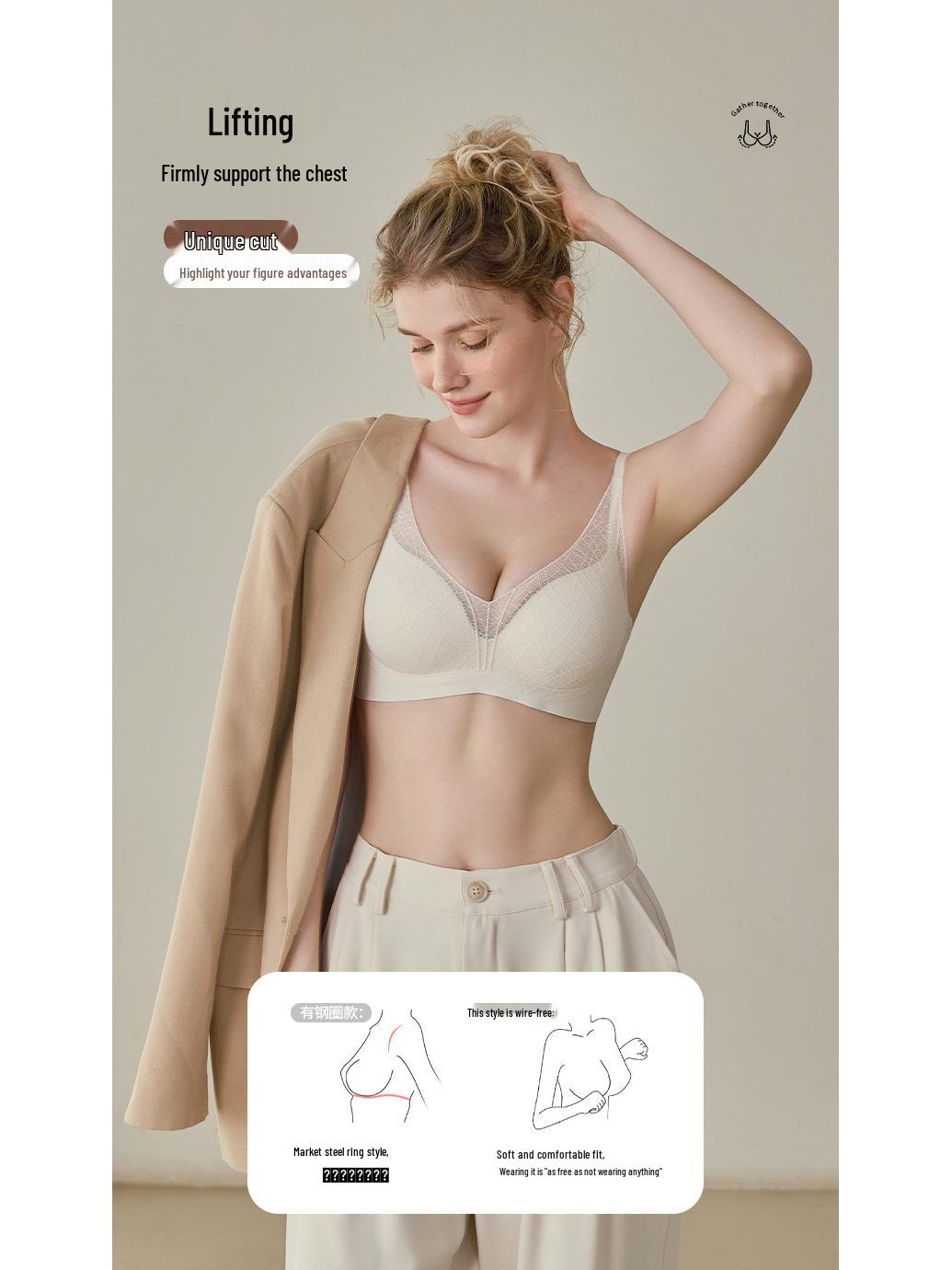 

Кружевное нижнее белье с флокированием и V-образным вырезом: Регулируемый бюстгальтер с боковой поддержкой и конструкцией против провисания для маленькой груди XL=38