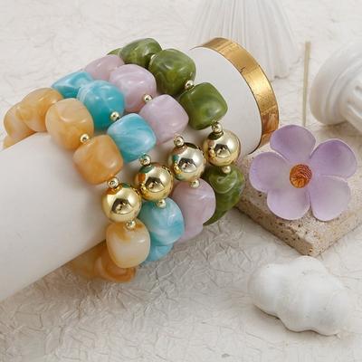 Elastic Beaded Bracelet Acrylic Handmade Bracelet Boho Square Beads Bracelet for Women