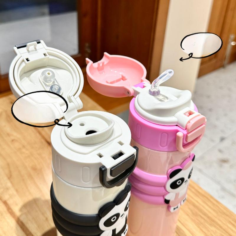 Double Drink Red Panda Large Capacity Kettle Thermos Cup Children's Cartoon Cute Straw Cup Portable Rope Water Cup