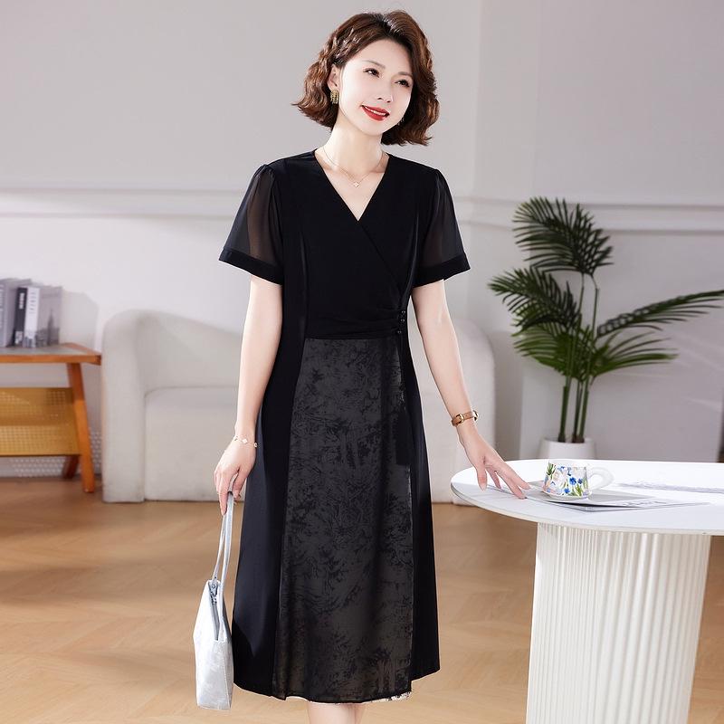 

Mother s Plus Size Elegant V-Neck Two-Piece Style Summer Dress - Tummy Concealing, Stylish, Thin, Chinese-Inspired Design XL (Recommended 80-95 jin)