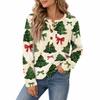 Damen Strickoberteil mit Knopfleiste und Weihnachtsdruck, Langarm, für festliche Freizeitkleidung