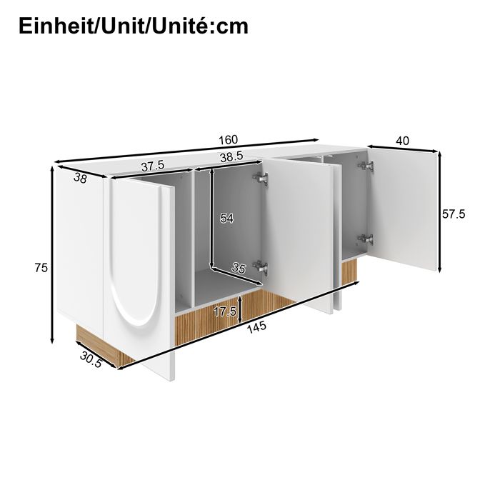 Buffet moderne - MODERNLUXE - 160x38x75 cm - 4 portes - Structure en U - Design en relief - Panneaux de particules - Blanc+naturel