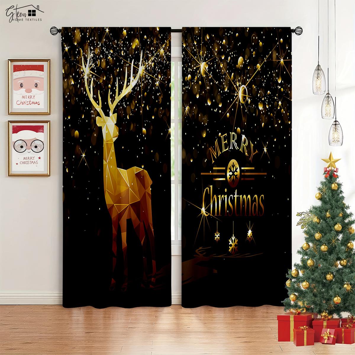 

2-piece set Santa Claus Snowman Elk Cartoon Printed Curtains Bedroom Dining Rm Space Kitchen Area Christmas Decorative Curtains W50xH130(CM)x2PCS&Rod pocket