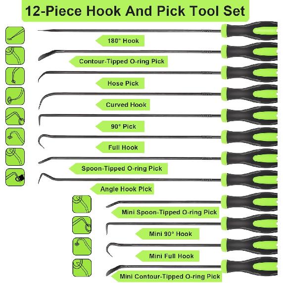 12PCS Automotive Hook And Pick Tool Set,Long & Mini Precision Puller Remover Tool Kit For Auto O-Ring,Seal & Gasket Removal,Mechanic Professional