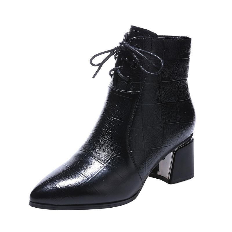 Fashion FHC Women Short Boots,Soft Ankle Botas,Autumn/Winter Shoes,Pointed toe,Thick Heel,Side Zip,Front Laces.Black,Brown,Dropshipping