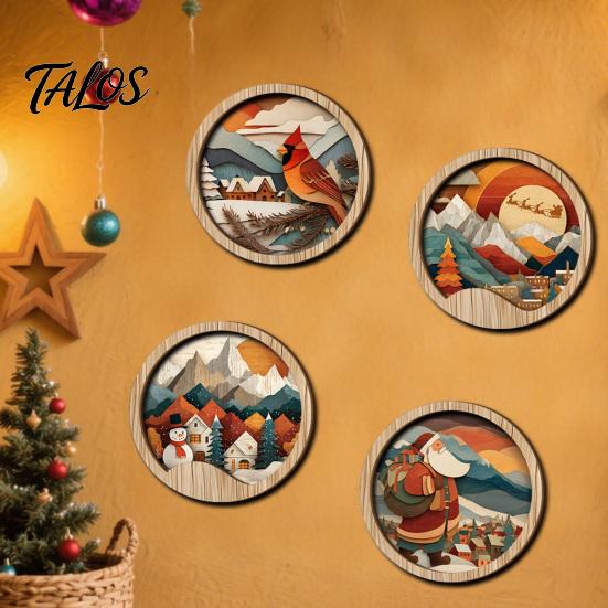 Seasonal Festive Wall Hanging Boho Wooden Decor, Christmas Winter Landscape Round Sign, Rustic Vintage Decor Aesthetic Art Ornament for Living