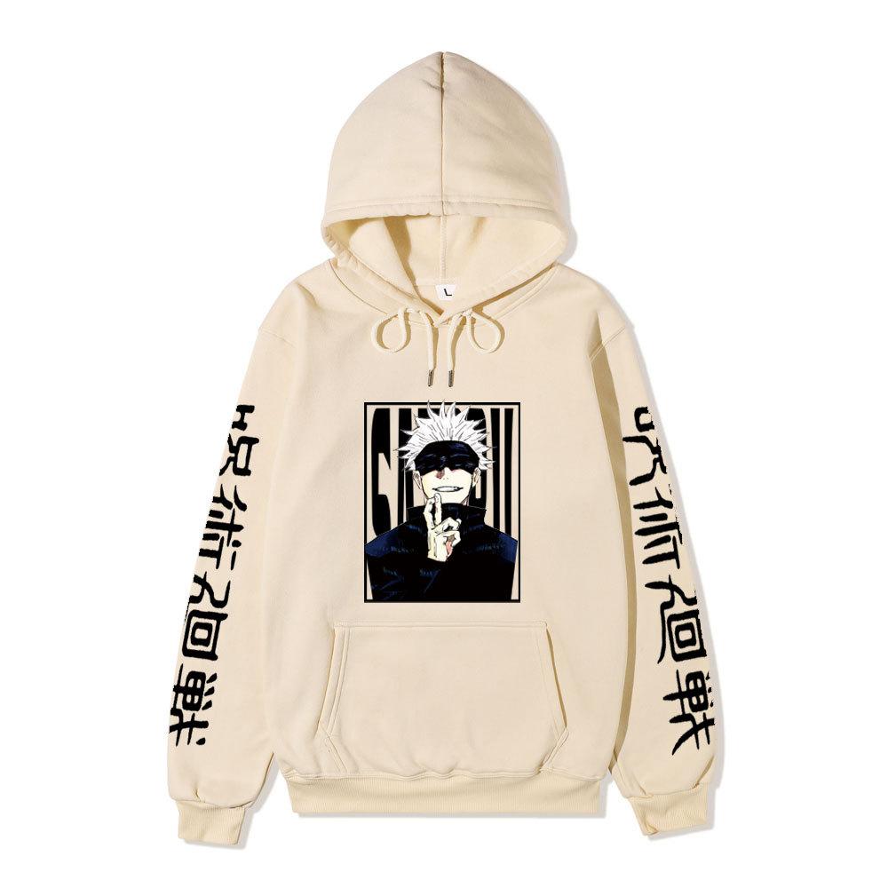 Jujutsu Kaisen Satoru Gojo Unisex Fleece Hoodie Autumn Winter Anime Character Japanese Kanji Sleeve Print Long Sleeve Pullover Sweatshirt