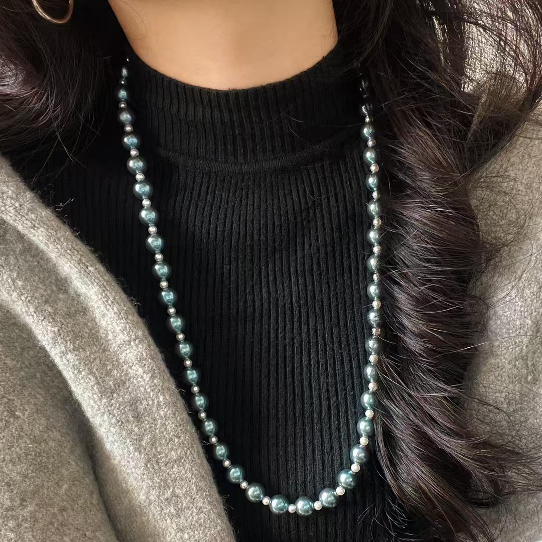 

10Mm Vintage High Quality Faux Crystal Pearl Necklace Clavicle Chain Sweater Chain Morandi Malachite Green