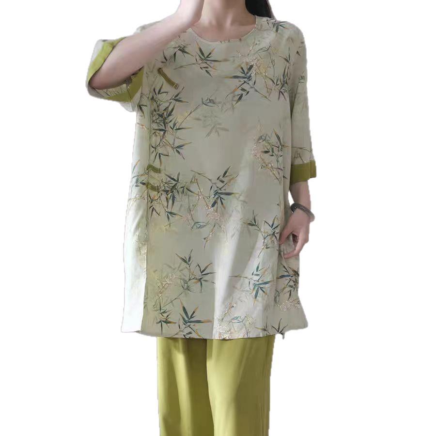 Women's Summer Lyocell Cotton Pajama Set: Chic National Wind Design, Wearable Outside, Luxurious Feel