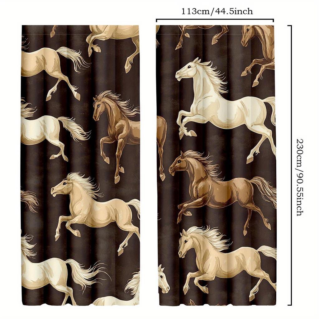 2pcs Wild Stallion Curtains - Galloping Western Horse Design   Insulated Polyester Drapes for Bedroom   Machine Washable   Semi-Tra