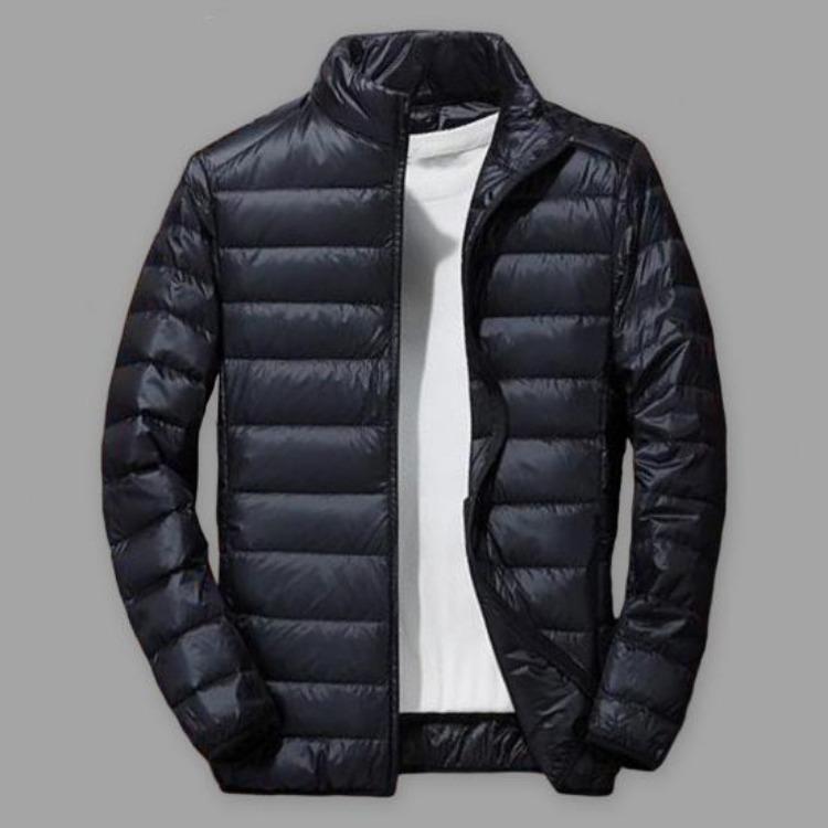 Lightweight Quilted Down Cotton Jacket for Men Stand Collar Long Sleeve Zipper Closure with Side Pockets