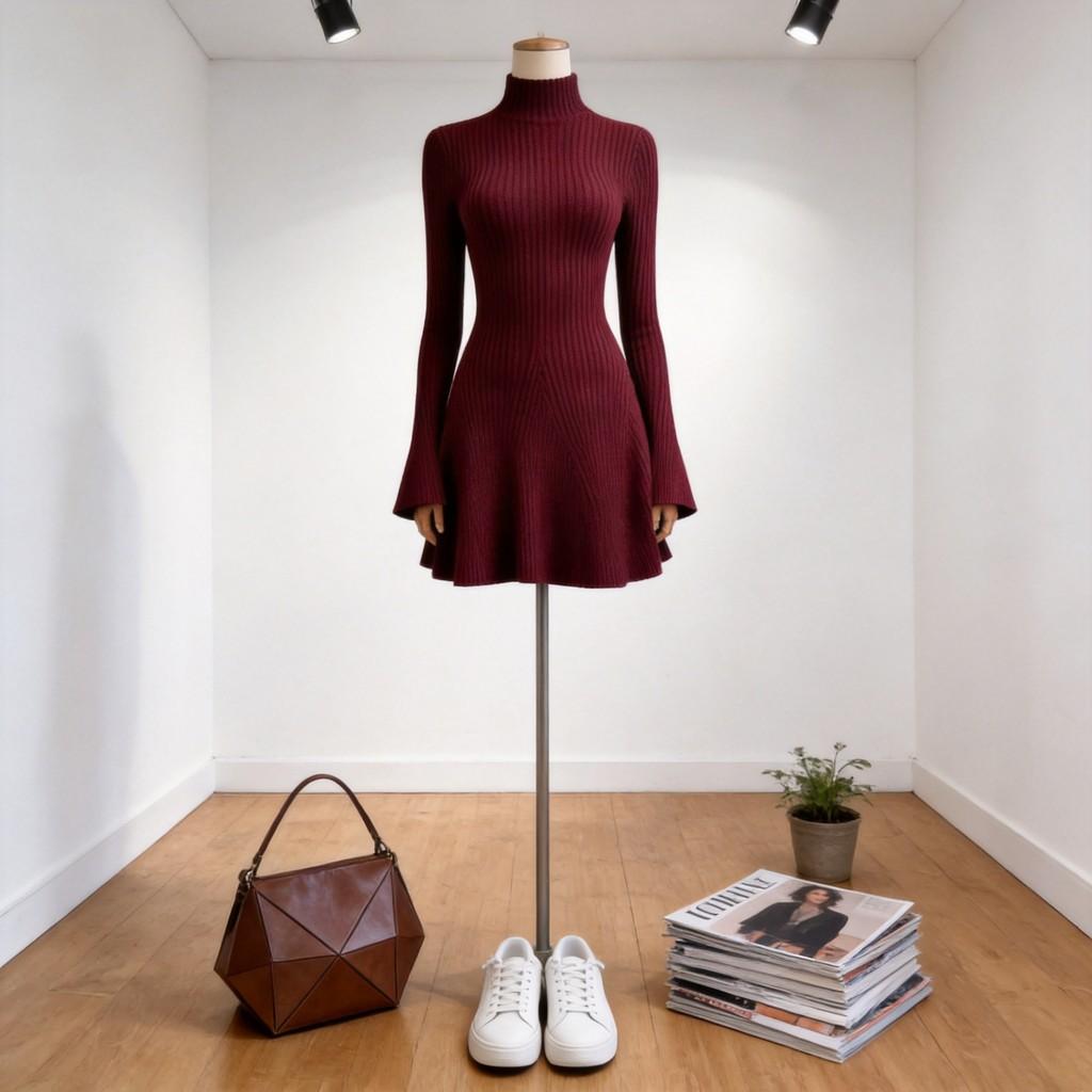 Street Style Pletené Šaty s Dlouhým Rukávem, Jednobarevné, Vysoký Výstřih pro Městské Ženy