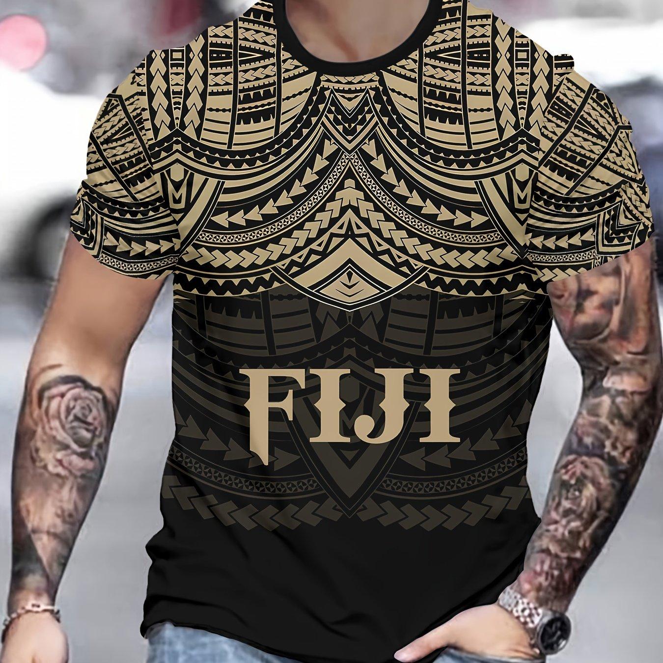 Men s Fiji Tribal Tattoo 3D Printed Casual Short Sleeve T-Shirt Vintage Polynesian Totem Pattern Graphic Tee Summer Round Neck Streetwear Top S