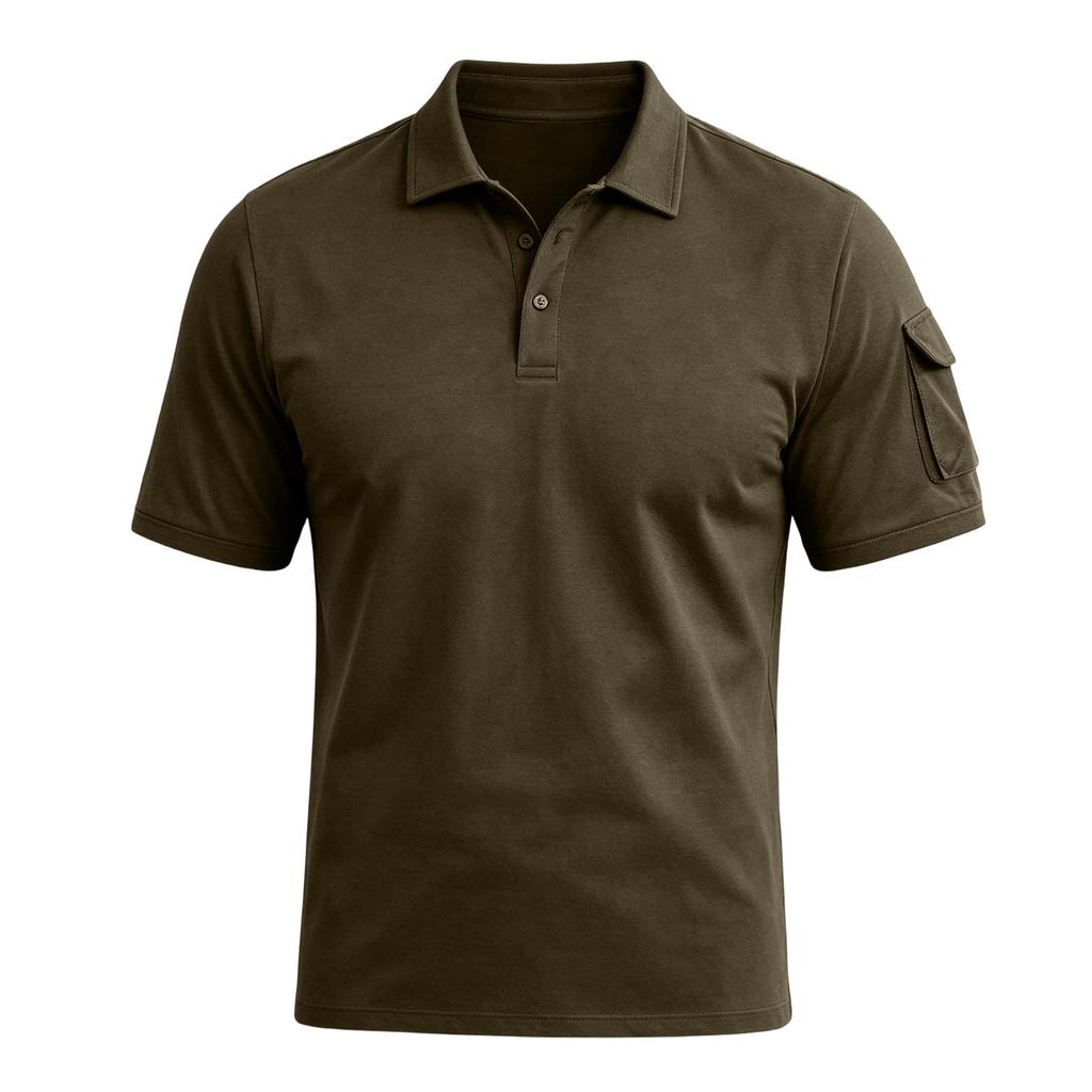 Men's Tactical Polo Shirt Short Sleeve Military Style Casual Shirt with Button Collar and Sleeve Pocket for Outdoor Work