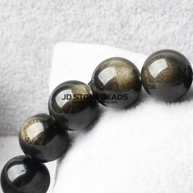 Natural Stone Golden Black Obsidian Bead Shinny Round Loose Gemstone Bead for Jewelry Making Diy Bracelet Necklace Accessory 15"