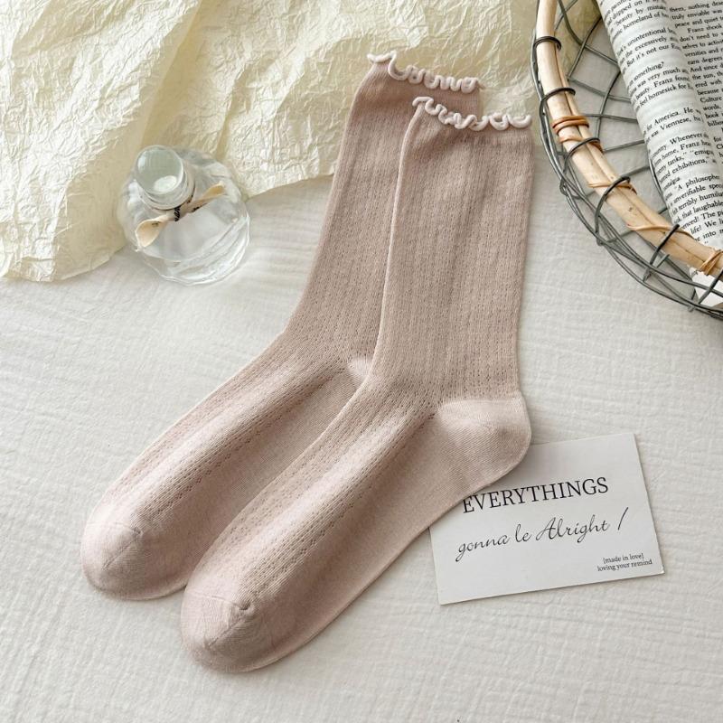 Boneless Socks for Women, Summer Thin Mesh Breathable Pile Socks, Black Fungus Edge Mid-calf Socks, Loose Lace Postpartum Socks for Women