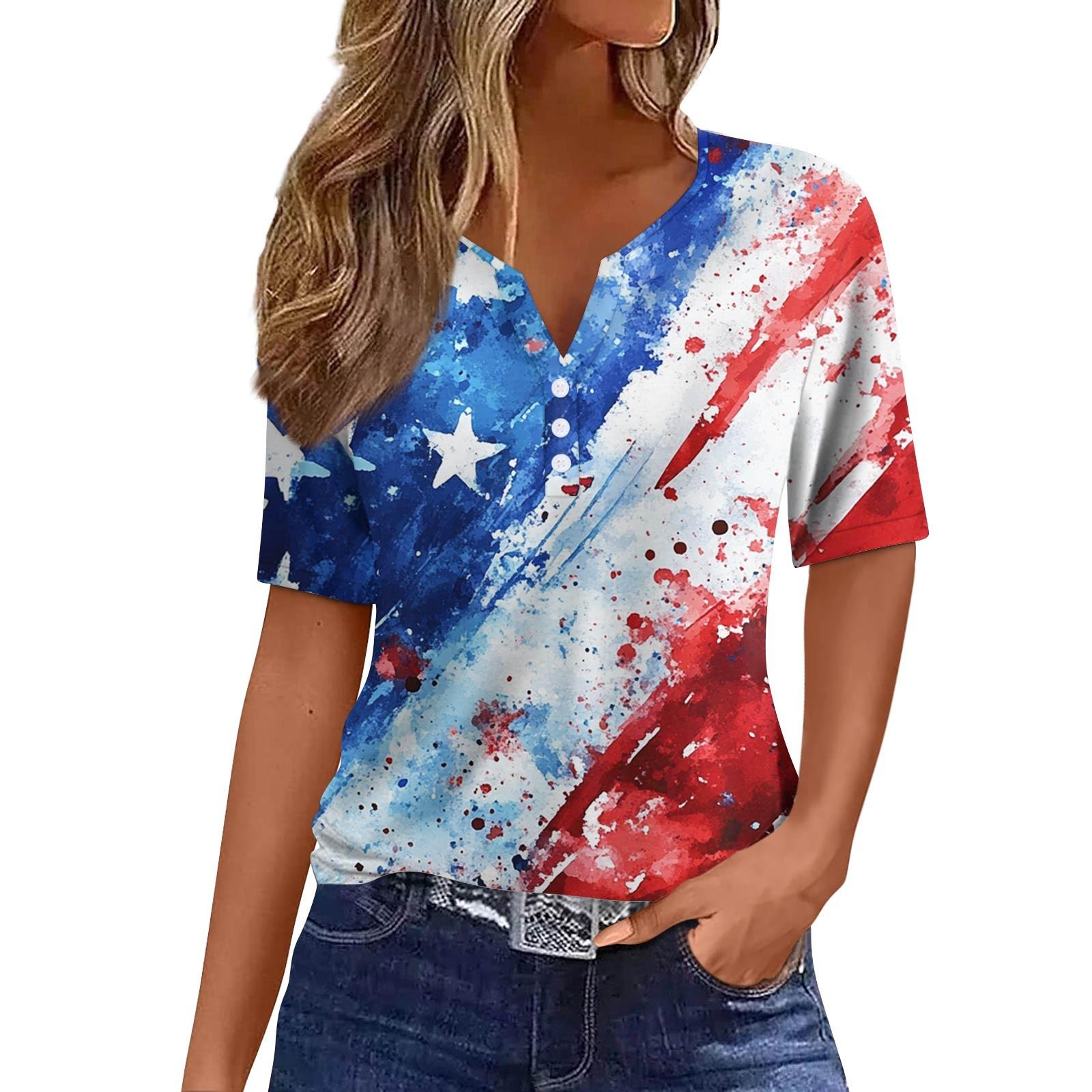 

Женская мода повседневная кофта с принтом «День независимости» с V-образным вырезом и короткими рукавами на пуговицах XL винный