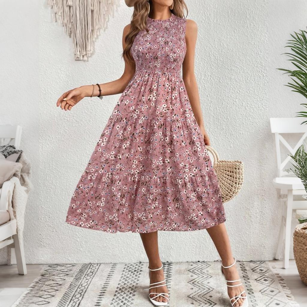 Women Sleeveless Crew Neck Ruched High Waist Floral Print Midi Dress Elegant Casual Loose Fit Sundress for Daily Wear